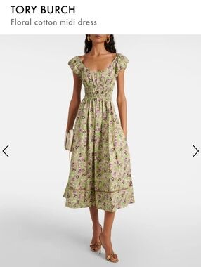 TORY BURCH Green Floral Cotton Midi Dress with Pink Print - SIZE 6